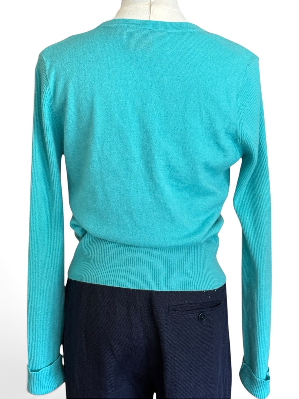 Tory Burch Cashmere Cardigan Gold Logo Buttons Tiffany Blue Size Small - Picture 5 of 13